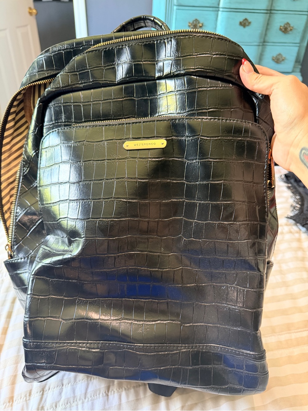 Black Croc-Embossed Backpack